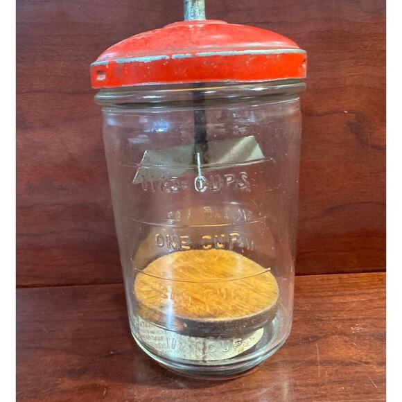 Antique Red Handle Hazel Atlas Glass Jar Chopper Measuring Cup - Picture 2 of 7